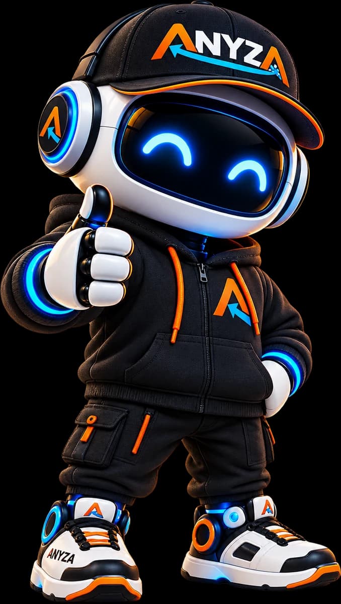 Mascote da Anyza, um robozinho fazendo joinha